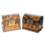 Two Chinese and black gilt lacquer domed boxes, decorated with panels of figures in a landscape, rai