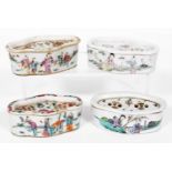 Four Chinese famille rose porcelain cricket boxes and covers, circa 1900, of oblong form, painted wi