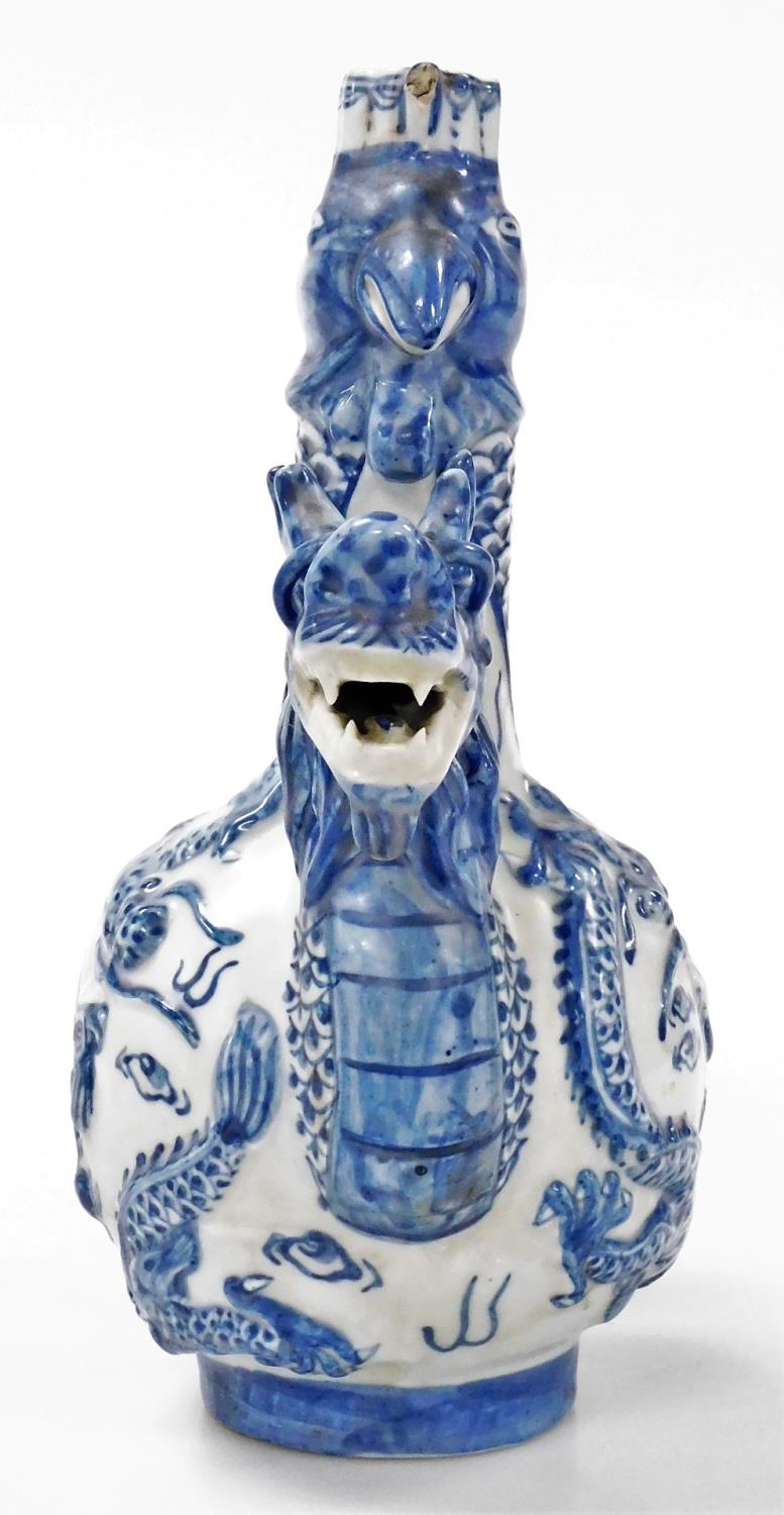 A 20thC Chinese blue and white bottle jug, with a dragon's head spout and tail handle, the bottle wi - Image 2 of 6