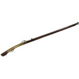 A Japanese matchlock musket (Tanegashima), the octagonal steel barrel, 100cm long, inlaid with a dra