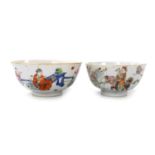 A Qianlong porcelain fluted famille rose rice bowl, decorated with a goddess and child seated on a l