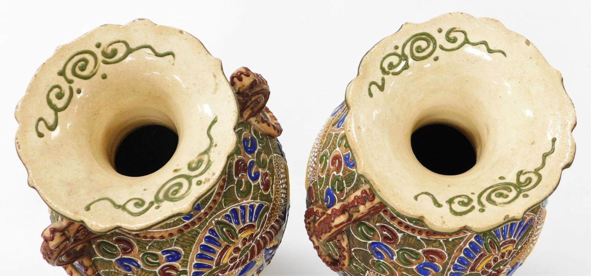 A pair of Meiji period Japanese Satsuma moriage vases, of twin handled baluster form, decorated with - Image 5 of 6