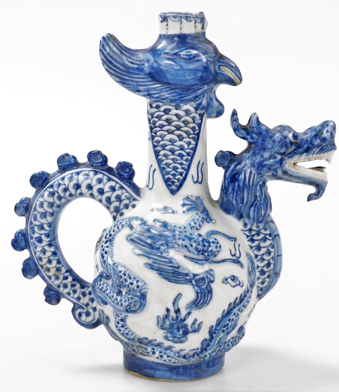 A 20thC Chinese blue and white bottle jug, with a dragon's head spout and tail handle, the bottle wi - Image 3 of 6