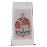 A Chinese ceremonial ancestor portrait scroll, depicting a Chinese Emperor dressed in a red robe, wa