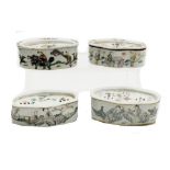 Four Chinese famille rose porcelain cricket boxes and covers, circa 1900, of oblong form, painted wi