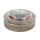 An Iranian white metal and enamelled box, a central enamelled roundel depicting deer in rural settin