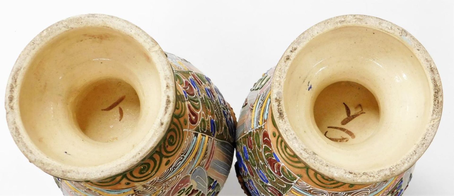 A pair of Meiji period Japanese Satsuma moriage vases, of twin handled baluster form, decorated with - Image 6 of 6