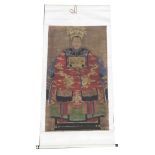 A Chinese ceremonial ancestor portrait scroll, depicting a Chinese Empress in red surcoat and wearin