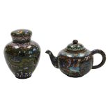 A Meiji period Japanese cloisonne sake pourer and miniature ginger jar, both with multicoloured enam