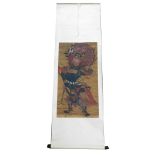 A Chinese watercolour scroll of a warrior general, with a halo, 194cm x 64cm.