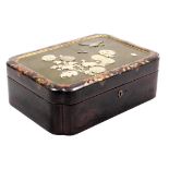 A Meiji period Japanese lacquered work box, with Shibayama style lid, depicting flowering shrubs, bu