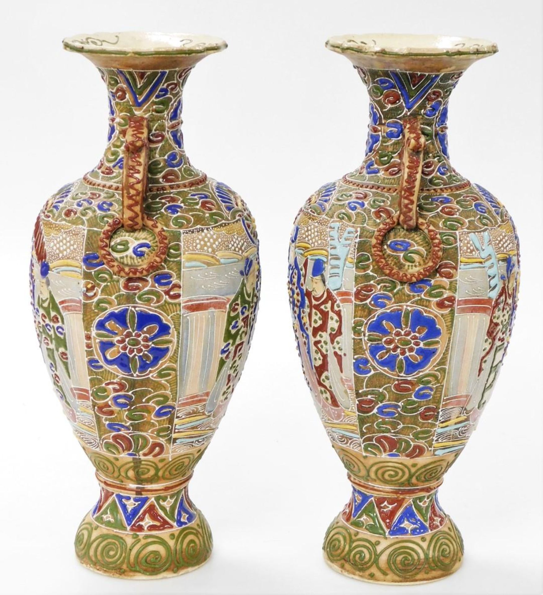 A pair of Meiji period Japanese Satsuma moriage vases, of twin handled baluster form, decorated with - Image 2 of 6