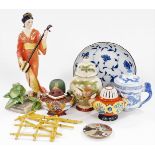 A group of Japanese and Chinese porcelain and pottery, including a Satsuma koro and cover, vase and