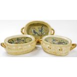 Three Chinese twin handled porcelain goldfish bowls, of oval form, decorated internally with fish, c