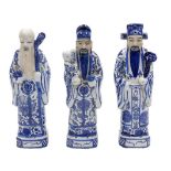 A set of three Chinese blue and white porcelain gods of the Sanxing - Fuxing, Luxing and Shouxing, e