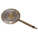 A 14th/15thC Persian steel hand mirror, Ilkhanid or Timurid gold inlaid script and floral decoration