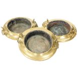 Three Middle Eastern brass brazier's, each with swing brass handles, approximately 43cm diameter.