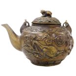 A Chinese bronze teapot, the lid cast with a frog finial, the body moulded with a fisherman, fish, b