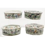 Four Chinese famille rose porcelain cricket boxes and covers, circa 1900, of oblong form, painted wi