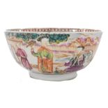 A late 18thC Chinese export porcelain famille rose bowl, decorated with panels of figures, one holdi