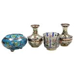 Four items of Chinese plique a jour enamel wares, comprising a pair of clear ground enamel vases, 9.