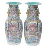 A pair of large 19thC Chinese Canton porcelain vases, of shouldered cylindrical form, with flared ne