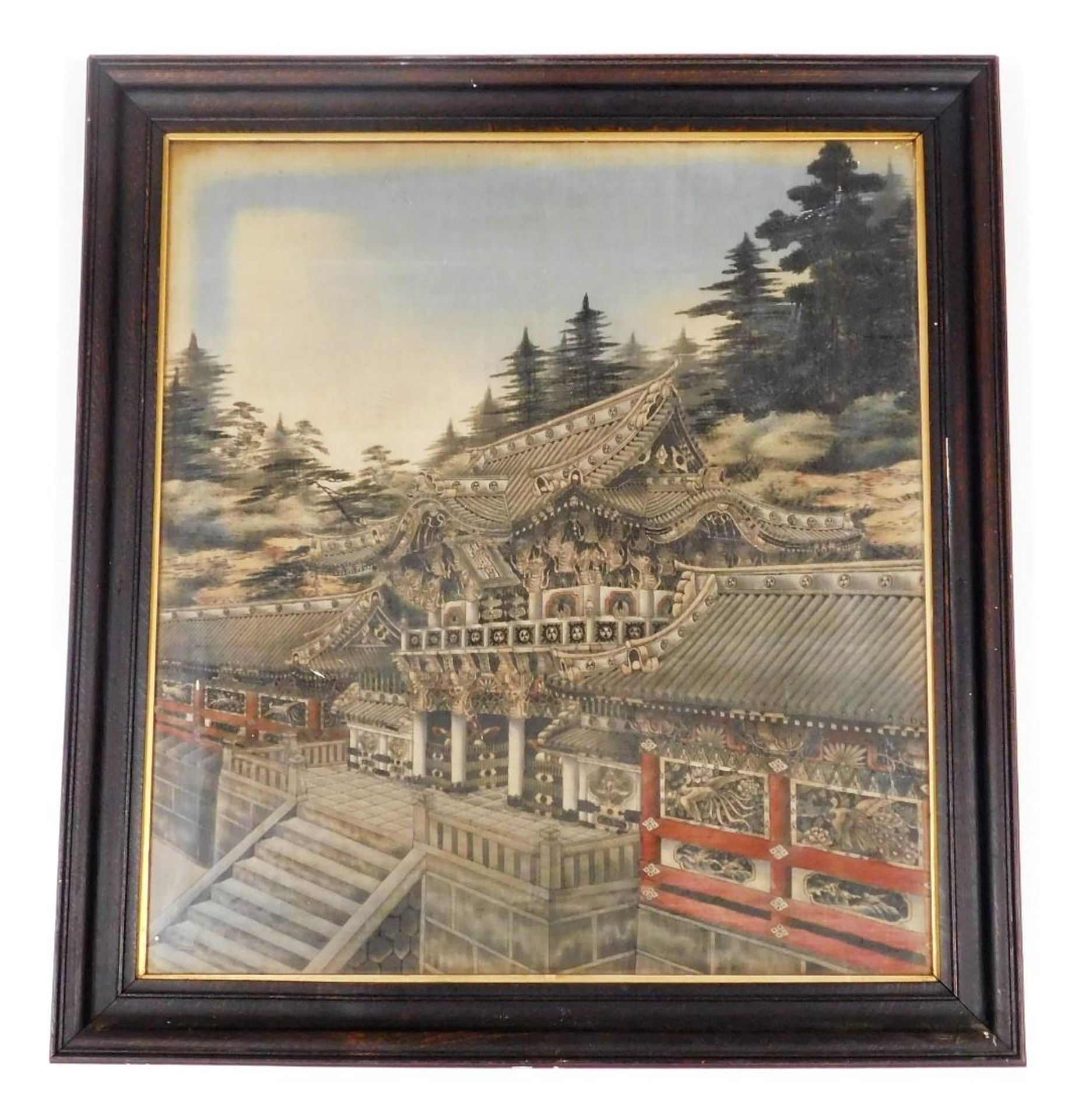 A Japanese Meiji period cut velvet picture of the Toshogu shrine, 66cm x 58cm. - Image 2 of 2