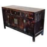 A Chinese side cabinet, with an arrangement of drawers and cupboards, 87cm high, 150cm wide, 56cm de