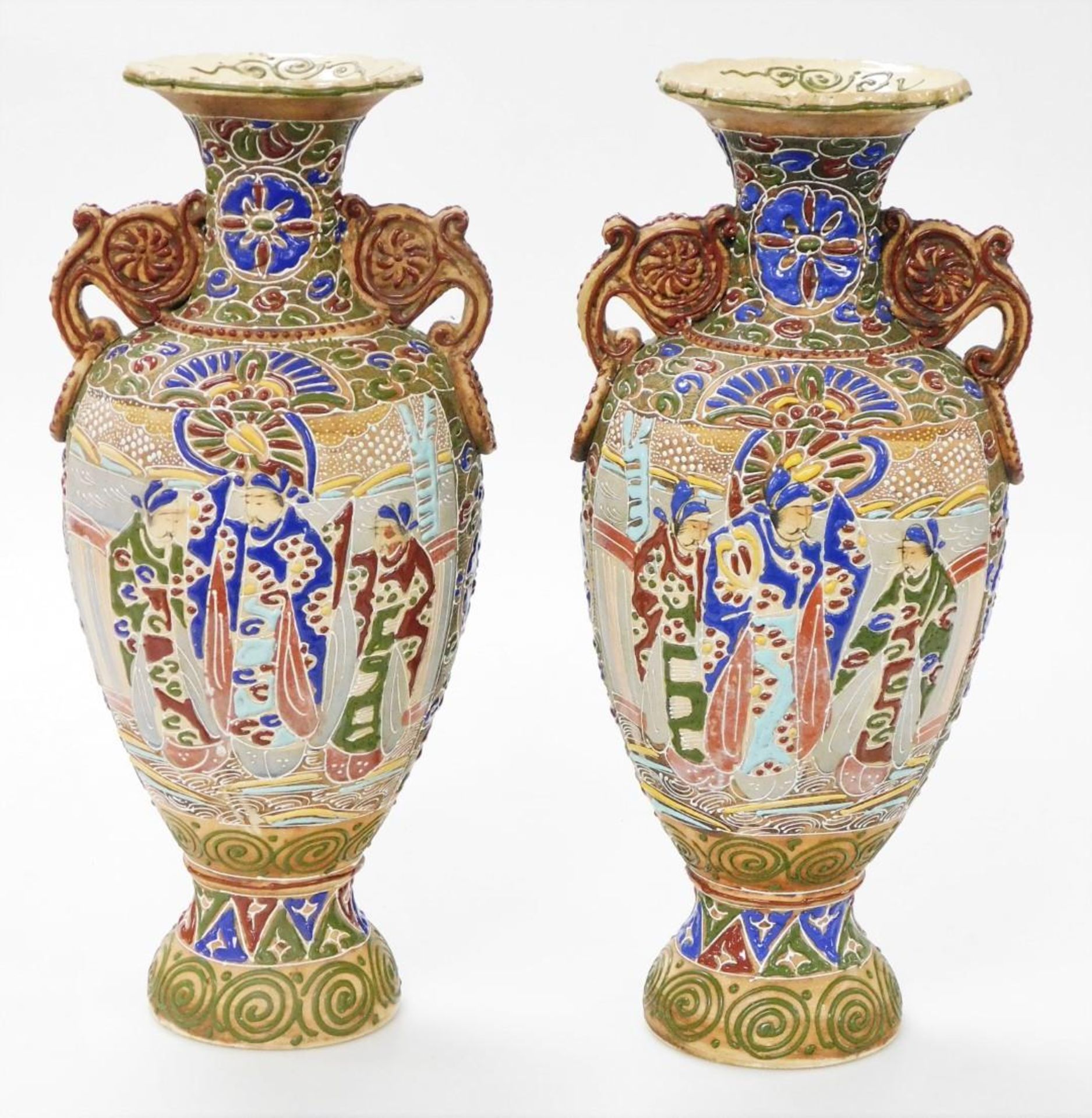 A pair of Meiji period Japanese Satsuma moriage vases, of twin handled baluster form, decorated with - Image 3 of 6