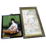 Early 20thC Japanese School. A reverse painting on glass of a Japanese geisha playing a koto, 53cm x