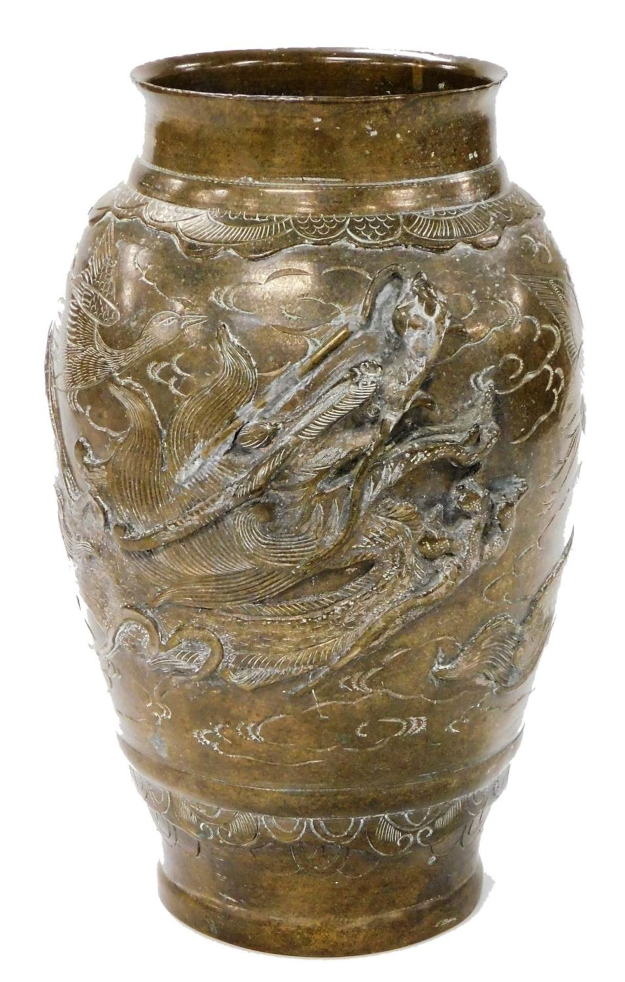 A Meiji period Japanese bronze vase, decorated in relief with a dragon and engraved with geese, 26cm