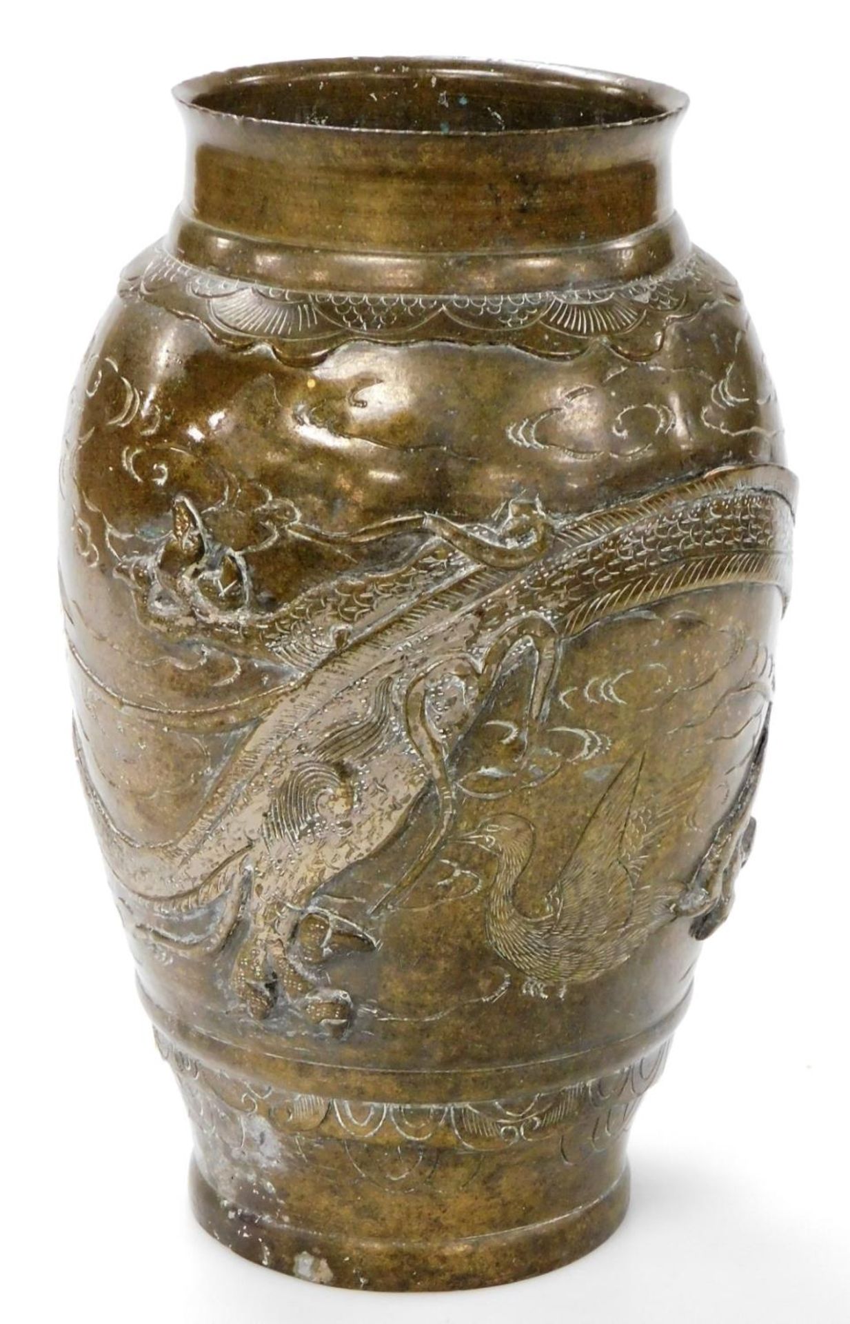 A Meiji period Japanese bronze vase, decorated in relief with a dragon and engraved with geese, 26cm - Image 3 of 6