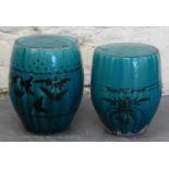 Two turquoise treacle glazed Chinese barrel seats, 40cm and 46cm high. (2)