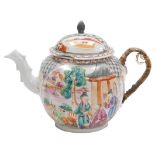 An 18thC Chinese export porcelain teapot, decorated in polychrome enamels with figures on a terrace