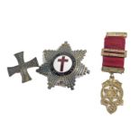 A silver gilt Masonic jewel, Fratribus Honor, with red ribbon and plain pin back, 10cm high, a furth