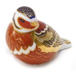 A Royal Crown Derby paperweight ornament Imari pattern bird, lacking stopper, 7cm high.