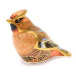 A Royal Crown Derby paperweight ornament Waxwing, gilt stopper, printed Sinclair mark beneath, 9cm h