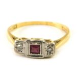 An 18ct gold ruby and diamond set Art Deco ring, size K, 2.3g all in.