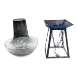 A grey glass vase, 36cm high, and a crackle glaze hanging lantern with metal frame. (2)