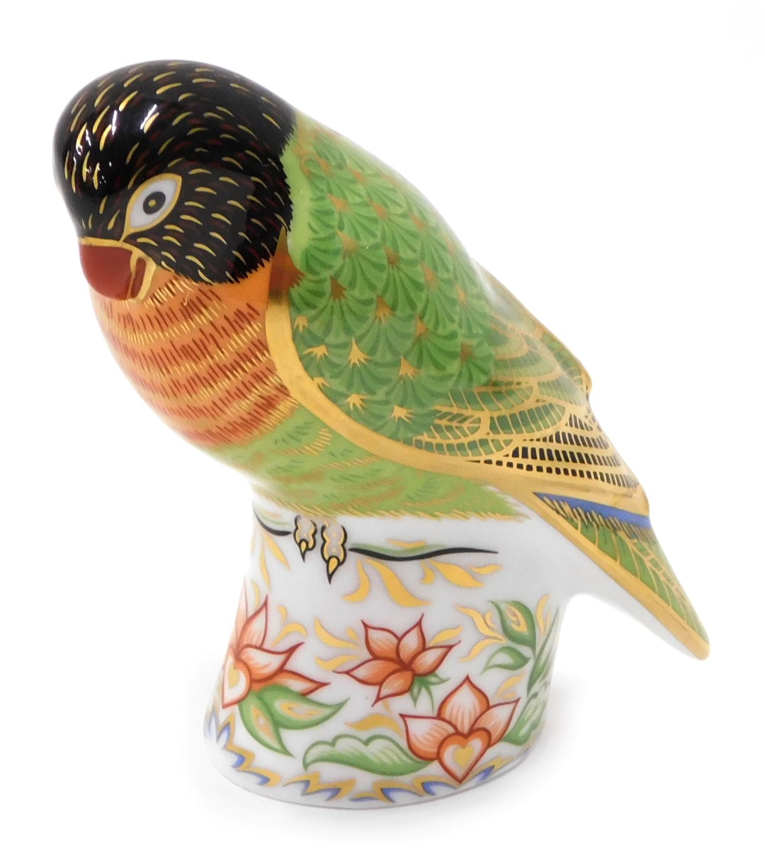 A Royal Crown Derby paperweight ornament Lovebird, gilt stopper, printed marks beneath, 11cm high.