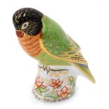 A Royal Crown Derby paperweight ornament Lovebird, gilt stopper, printed marks beneath, 11cm high.