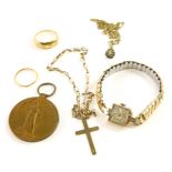 Various 9ct gold and yellow metal items, watch, WWI Victory medal, crucifix and chain, etc.