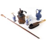 AN LNER brush, various pottery, glassware and effects, a pair of Doulton blue floral pattern vases,