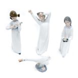 Various Lladro figures, girl playing mandolin 23cm high, boy yawning, girl holding candle and goose,