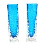 A pair of Baxter design Whitefriars style turquoise and clear glass vases, unmarked, 17cm high. (2)