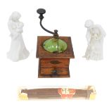 A French Peugeot coffee grinder, with front drawer, 23cm high, a large Flor cigar, partially cased,