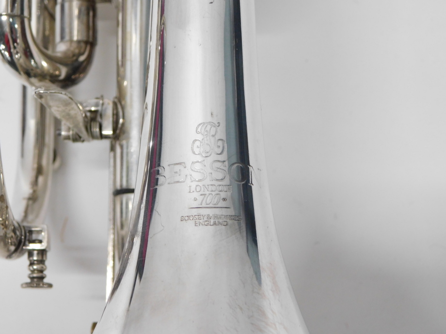 A Boosey & Hawkes Besson 700 cornet, with three valves, 35cm long, cased. - Image 4 of 4