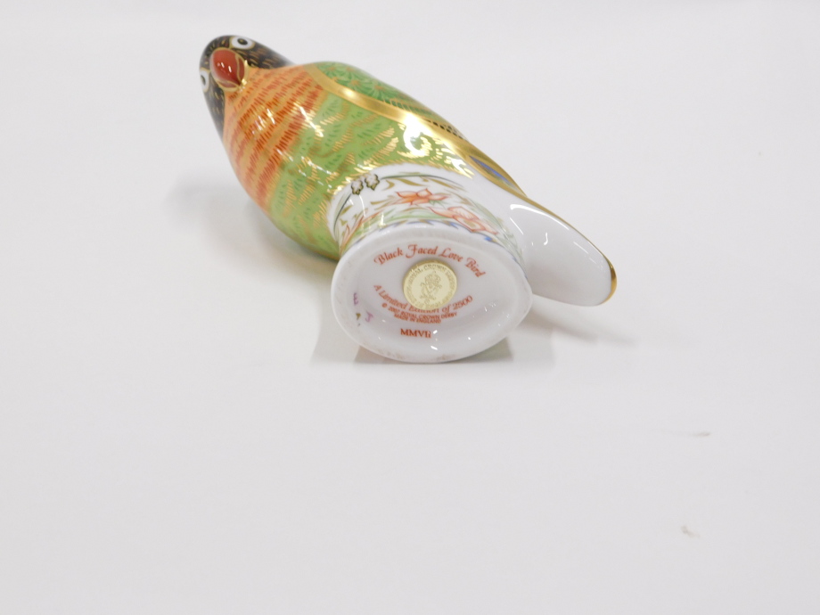 A Royal Crown Derby paperweight ornament Lovebird, gilt stopper, printed marks beneath, 11cm high. - Image 2 of 2