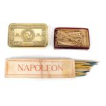 A Queen Mary Christmas 1914 World War I tin, a Napoleon box containing crochet hooks, etc. (a quanti