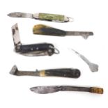 Various penknives, folding knives, horn handled example, 8cm long, etc. (a quantity)